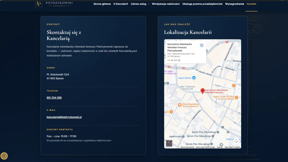 Podgląd sekcji kontaktowej realizacji strony kancelarii